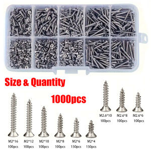 1000 Miniature Stainless Steel Self-Tapping Screws M2 Self-Locking Wood Screw Kit Suitable for Fastening Wood and Metal