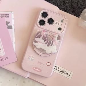 Potdemiel | Korean Pink Polka Dot Cute Cartoon Kitten Magnetic Bracket Phone Case For iPhone 17 16 15 14 13 12 Pro Max Shockproof Soft Cover