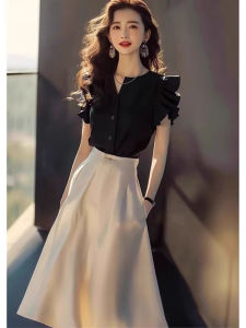 Cửa Hàng Giảm Giá Oleta Màu Đen Lụa Satin Acetate Đầm Sơ Mi Bộ Mùa Hè Thời Trang Sành Điệu Cộc Tay Không Tay Nữ Ensemble Cao Cấp