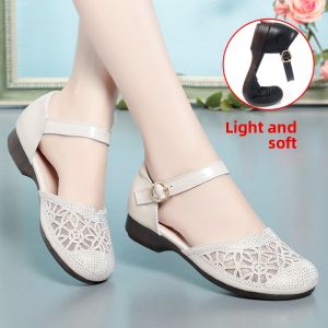 SHIPAILUO | Comfortable Flat Bottom Summer Sandals For Middle-Aged Women Soft Sole Mesh Up Up Slip-On Shoes Low Heel Fashionable Casual