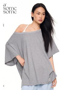 asomesome | Áo Thun Mỹ Dễ Thương Ống Rộng Vai Trụ Cổ Lệch Giảm Béo
