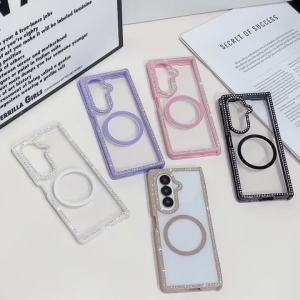 Sparkling Rhinestones Magnetic Case Phone For Samsung Z Filp 7 6 5 4 3 5G For Samsung Z Fold 7 6 5 4 3 Hard Cover Transparent