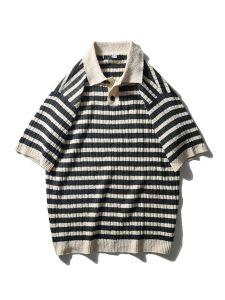 American Style Knitted Polo Shirt Mens Short Sleeve Summer Loose Clothing T-Shirt with Collar Breathable Lightweight Casual Top