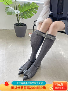 Trendy Butterfly Knot Mid-Calf Socks Thin Pure Cotton Show Model Womens Knee-Length Leg Shaping Cottonrich Socks for Summer