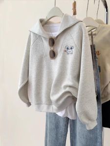 ฤดูใบไม้ร่วง ฤดูหนาว ผู้หญิง เสื้อฮู้ด Vintage Naval ปกเสื้อ ผ้าขนแกะ ซับครึ่งซิปขึ้น เสื้อแจ็คเก็ต อินเทรนด์ โอเวอร์ไซส์ เสื้อสวม เสื้อเชิ้ตแขนยาว