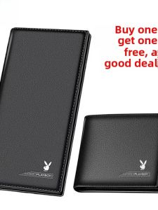 Playboy Mens Long Wallet Soft Leather Black Simple Fashionable Student ID Card Holder Business Casual Vertical Pouch