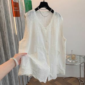 AIYITI | New Summer Lightweight Sleeveless Embroidered Plus Size Loose Slimming V-Neck Blouse