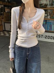 Fashionable Button Design Long Sleeve Womens Slim Fit T-Shirt Spring Outerwear Grey Base Layer Top Korean Style round Neck