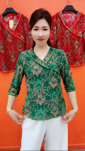 Plate Button Base Shirt Womens Summer Thin Ice Silk Breathable Fashion Floral Western Style Middle-Aged Mom Loose Slimming Shirt