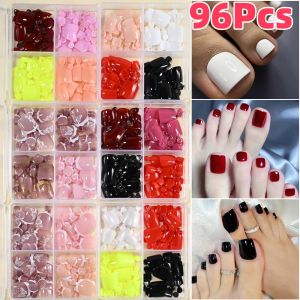 96Pcs/Box French Short Square Press-On Toenails Solid Color Fake  Toe Nails Wearable for Women Summer Full Cover False Toenail *