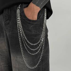 พูรุย 2026 สร้อยข้อเท้าโลหะหลายชั้นสีเงินเรียบง่ายสำหรับผู้ชาย สไตล์ฮิปฮอป สร้อยกุญแจโลหะ เครื่องประดับแนวกรันจ์