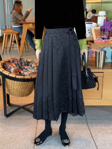 New Chinese Style Black High Waist Midi Skirt Womens Spring Autumn New Flower Pattern Tie Belted A-Line Half-length Skirt
