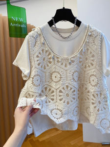 AIYITI | Plus Size Bohemian Style Hollow Out Knitted Vest Loose Belly Covering Short Sleeve Womens Top Summer Thin Polyester Fiber