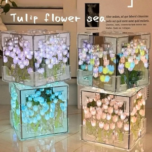 MBMSHEGH Creative Tulip Night Light Handmade DIY Material Cube LED Tulip Flower Sea Mirror Lamp Decorative Valentines Day Birthday Gift
