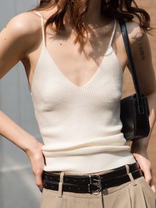 French Vintage White V-Neck Knitted Strap Vest Womens Inner Wear Summer Outerwear Slim Fit Beautiful Back Thin Sleeveless Top