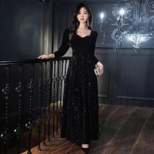 Elegant Black Long Sleeve Evening Gown Womens High Waist Sequin Floor Length Dress for Wedding Company Annual Dinner Adult Ceremony