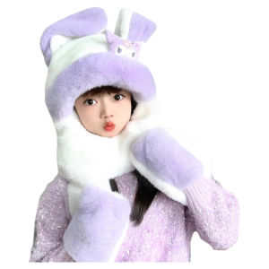 Thickened Plush Ear Moving Hat for Children Winter Scarf Integrated Warm Cute Boys And Girls Warmth Velvet Cap Kuroko