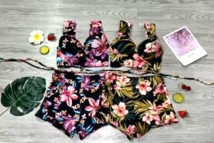 Bikini Nữ 2 Mảnh Quần Đùi Cạp Cao Aó Bra Hoa Lá Đẹp Bin Sports BHV135