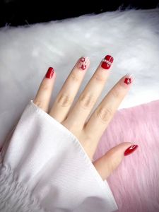 Set 24 móng tay giả dài đính cườm màu đỏ - D 075 - sang trọng dễ thương cho nữ - Kèm keo SILICON dán móng CÓ ẢNH SP THẬT