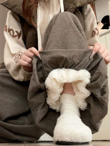 Caramel Color Wide Leg Pants Womens Loose Fit Casual Trousers Autumn Winter New Style Small Size Sheepskin Velvet Lazy Style