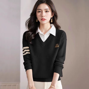 Western Style False Two-Piece Suit Tops Womens Spring and Autumn 2024 New Arrival Shirt Collar Knitting Bottoming Shirt Casual Outerwear Sweater