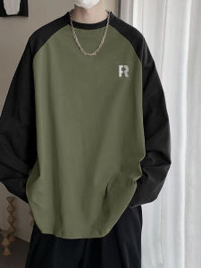 Fashion High Street Pure Cotton Patchwork Raglan Sleeves Casual Long Sleeves Tops Men Autumn and Winter Slimming Loose