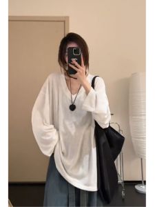plus Size Womens V-Neck Long Sleeve Loose Slimming Concealing Solid Color Simple T-Shirt Fashionable Versatile Top