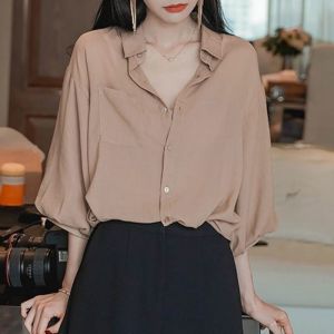 Korean Style Five-Quarter Sleeve Womens Shirt Summer 2025 Loose Lantern Sleeve Pure Color Fashionable Commute Straight Cut