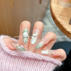 เล็บแต่งตัวด้วยมือ Pure Handmade Wearable Nail Art ลายแอปเปิ้ลสีเขียวลายผีเสื้อ ประดับเพชร ตาแมว น่ารัก สดชื่น สไตล์เรียบง่าย หวาน แฟชั่น