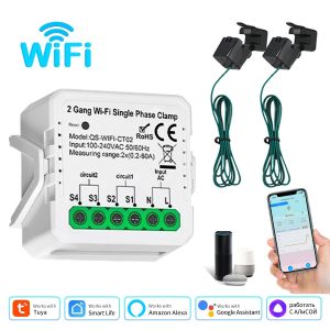 Tuya Smart Wifi Energy Meter 1CH 2CH Current Transformer Clamp 80A Solar PV System Power Production Consumption Monitor 100-240V