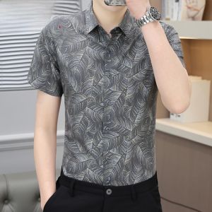 HENGYUANXIANG | Áo sơ mi nam tay ngắn mùa hè bằng lụa băng mỏng thường ngày chống nhăn họa tiết hoa thời trang công sở thoáng khí thoải mái