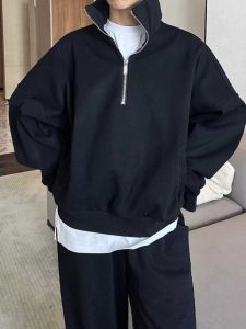 American High Collar Half Zipper Sweatshirt Mens Korean Style Loose Couples Tops Short Trendy Pure Color Casual Pullover Coat
