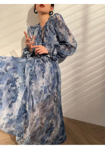 Alisa.Sonya ชุดเดรสชีฟองลายดอกไม้ขนาดพิเศษสไตล์วินเทจเอวสูงโคมไฟแขนยาวทรงหลวม