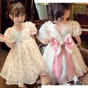 Summer Girls 1-8 Years Floral Roses Princess Dress Lace Tiered Bow Back Pearl Accented Knee-Length Party Birthday Celebration