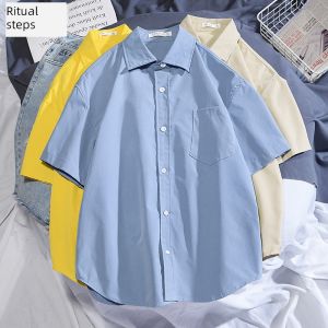 เสื้อเชิ้ตแขนสั้นผู้ชาย สไตล์เกาหลี ทรงหลวม คอปกตั้ง สไตล์เกาหลี แฟชั่นฤดูร้อน เสื้อคลุมกันหนาว INS ผ้าฝ้ายผสมโพลีเอสเตอร์