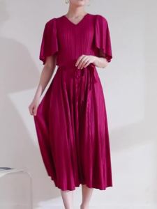 3653 One Size (45-75kg) Summer Sanzhai Pleated Temperament Waist-Controlled Slimming Casual V-Neck Dress