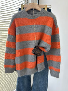 QINGNAER | Loose Lazy Style Plus Size Womens Sweater Stripe Knit