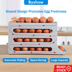 Byshow Automatic Scrolling Egg Holder Rack Container Plastic Roll Off Egg Rolling Storage Dispenser Refrigerator Egg Storage Organizer Box Large Capacity Practical Space Saving Homeuse 4 Tier about 30 Grids
