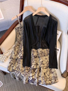 French Tea Break Outfit Floral Print Two-Piece Set Womens Anti-Uv Cardigan Strap Design Lightweight Maturity Style Ensemble