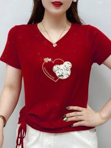 Pure Cotton Womens T-Shirt Short Sleeve V-Neck Large Size Slimming Korean Style Half Sleeve Heart Collar Body Shirt Top