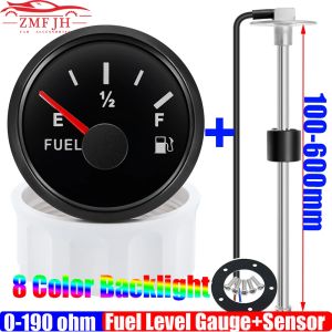 0-190 Ohm Fuel Float Level Sensor+52MM Fuel Level Gauge 8 Color Light Waterproof Pointer Oil Tank Meter Car Boat Marine 12V 24V