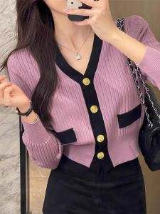 Short V-neck Knitted Sweater Womens Long Sleeve Cardigan Outerwear Top Trendy Korean Style Pure Color Commute Friendly