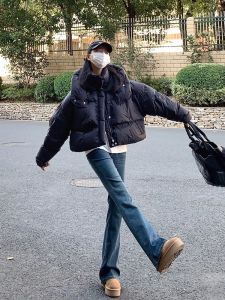 High Waist Slim Fit Bell Bottom Jeans Womens Elastic Floor Length American Retro Style Long Leggings Deep Blue Cotton Stretch Denim