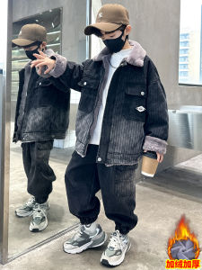 Thickened Fleece Autumn Winter Denim Childrens Clothing Set for Boys Warm Stylish Outfit Combo Korean Style Kids Suit