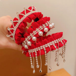 Childrens New Year Crown Hair Accessories Little Girl Bun Hair Clip Festive Red Ponytail Fastener Hair Styling Tool for Girls