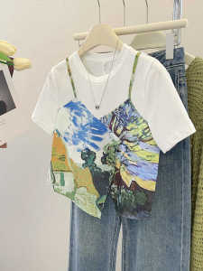 เสื้อยืดแขนสั้นผู้หญิงสไตล์ฝรั่งเศส ฤดูร้อน 2024 ดีไซน์ไม่สมมาตร แขนสั้น 2 ชิ้นปลอม เสื้อยืดผู้หญิงแขนสั้นคอตตอน