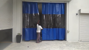 Transparent Carwash Partition Curtain Yamaru Made Rubberized Blue with Clear Window Panels for Car Wash Area