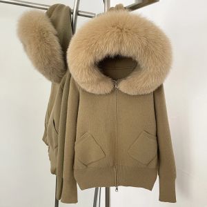 Knitwear Women Cardigan Fashion Autumn Winter Clothes Female Hooded Real Fox Fur Collar Short Knitted Jacket Natural Fur Coat
