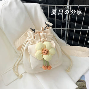 Casual Canvas Bucket Bag New Summer Style with Cute Flower Pattern Single Shoulder Crossbody Bag for Women