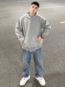 เสื้อสเวตเตอร์ฮู้ดแขนยาวทรงหลวมสไตล์อเมริกันสำหรับผู้ชาย สีเทา ทรงหลวม ฤดูใบไม้ร่วง/ฤดูหนาว คอกลม ปกติ